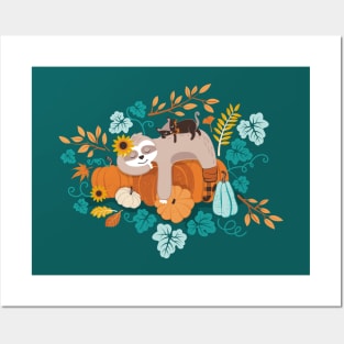 Sloths in pumpkin mood // spot // green background orange teal and aqua autumnal pumpkins fall leaves shepherd’s check yellow sunflowers Posters and Art